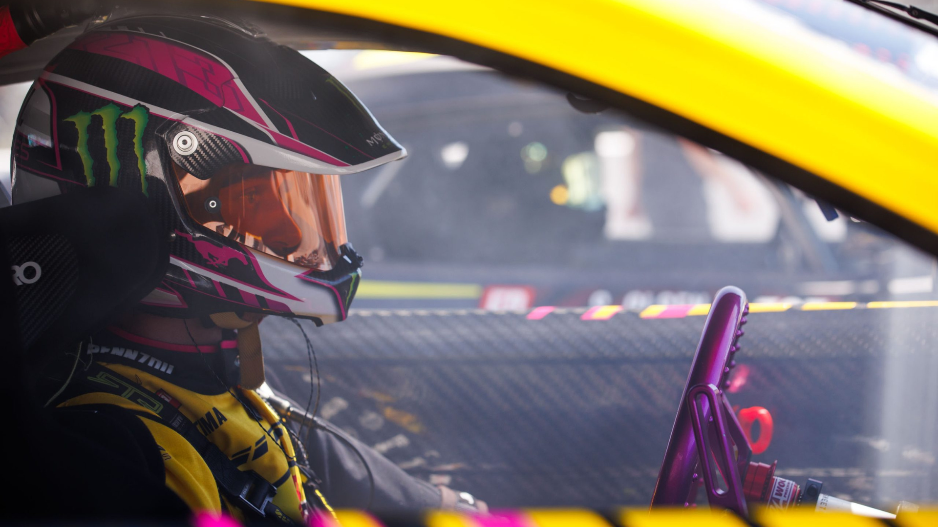 Professional driver inside his drift car before heading out to the track